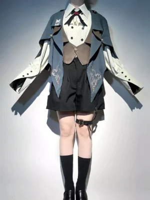 Complete ouji lolita formal suit front full-body view featuring brown waistcoat and asymmetrical cape coat with thigh strap accessory