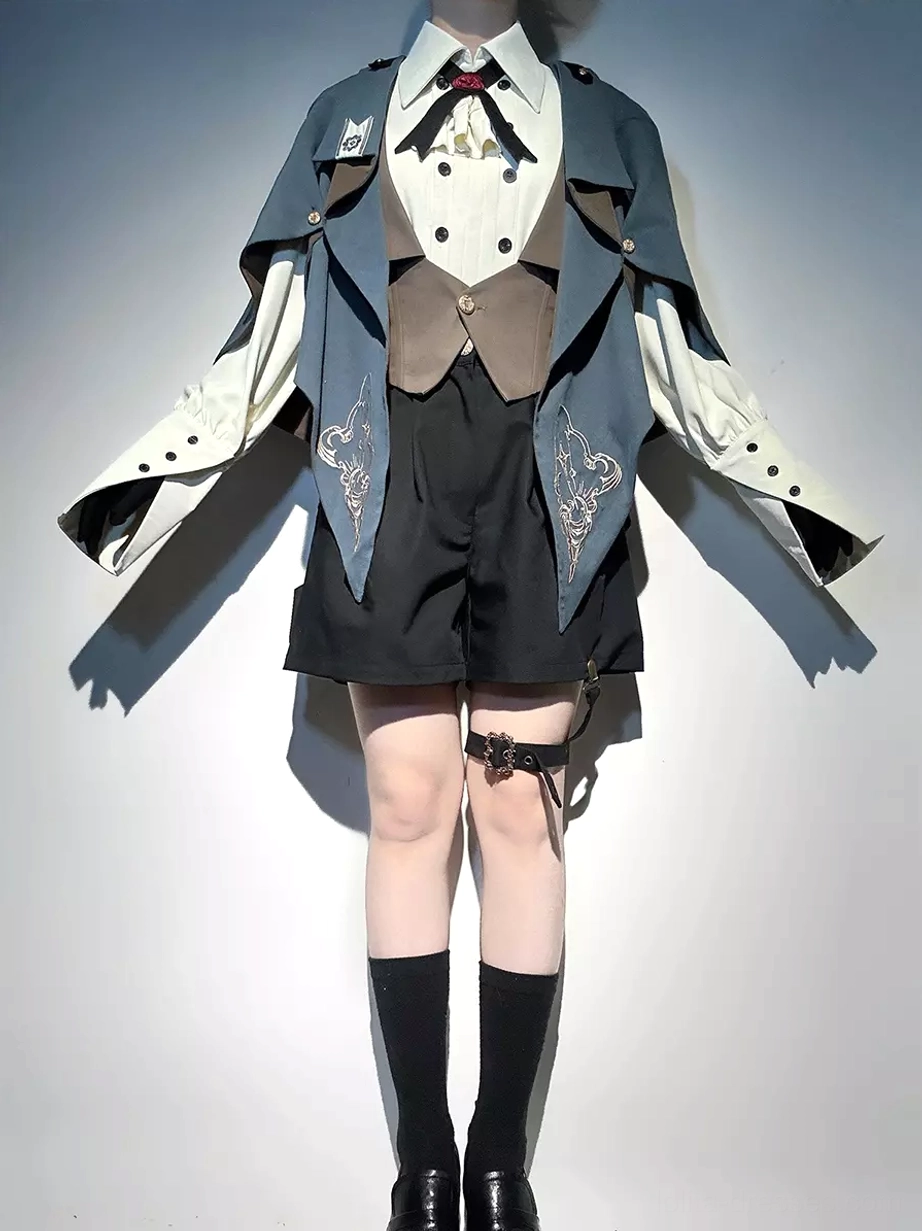 Complete ouji lolita formal suit front full-body view featuring brown waistcoat and asymmetrical cape coat with thigh strap accessory