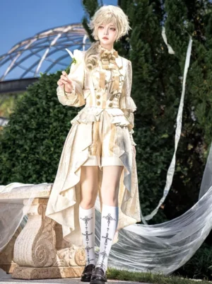 Ouji Lolita formal suit set light gold full body front view with classic bow details and bishop sleeves elegant garden setting