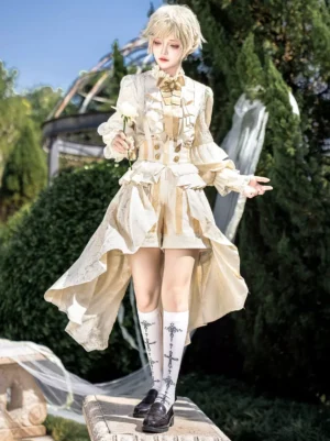 Ouji Lolita formal suit light gold side front angle high-low tailcoat skirt ruffled sleeves white rose holding elegant pose