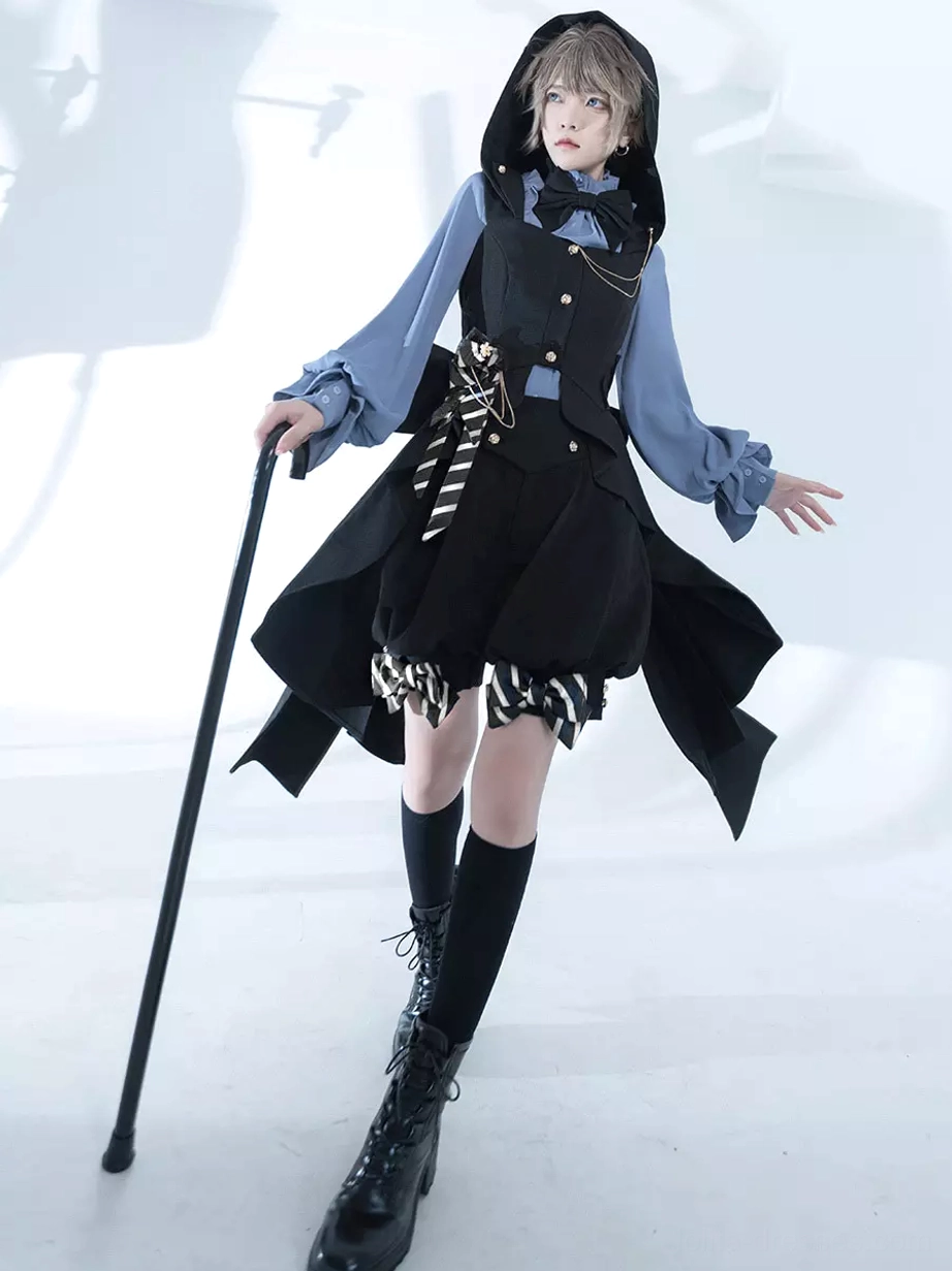 Dynamic front full body shot of Ouji Lolita gentleman suit with metal button details striped hem trim and hooded vest