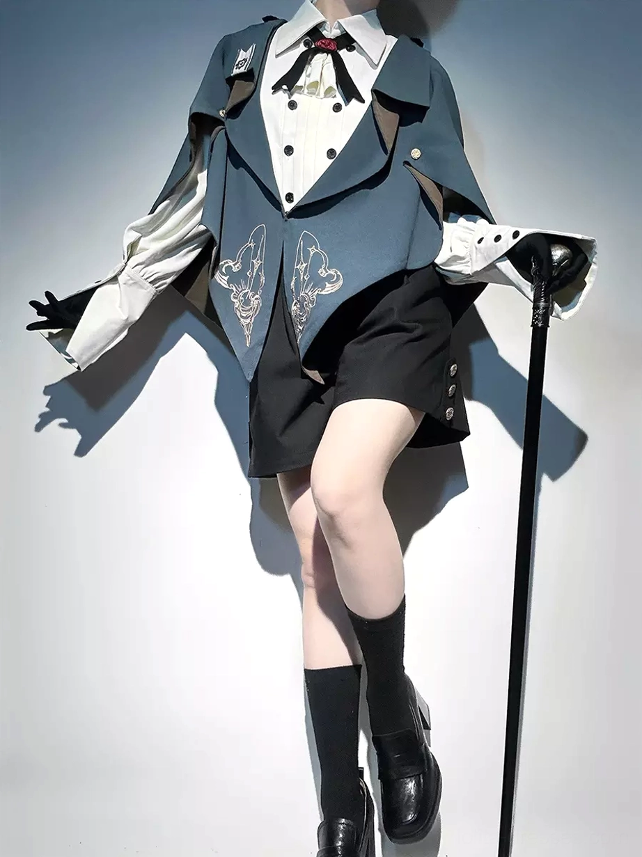 Dynamic ouji lolita gentleman suit featuring loose cape sleeves and black leather shoes with walking cane and thigh strap details