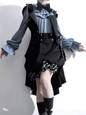 Full upper body front shot of gentleman Ouji Lolita vest outfit with high-low tailcoat hem and metal button embellishments