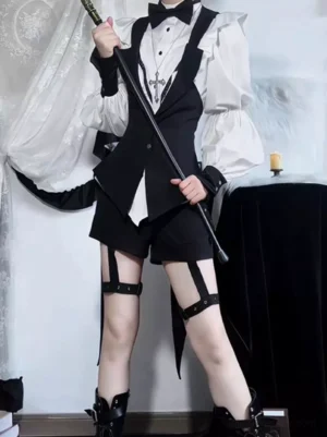 Gothic Ouji Lolita complete outfit front full view with cross pendant necklace tailored waistcoat bow tie and black leather combat boots