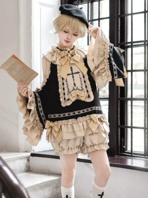 Gothic lolita dress side angle showing layered ruffle hem cross-pattern socks black boots vintage book prop indoor stairs