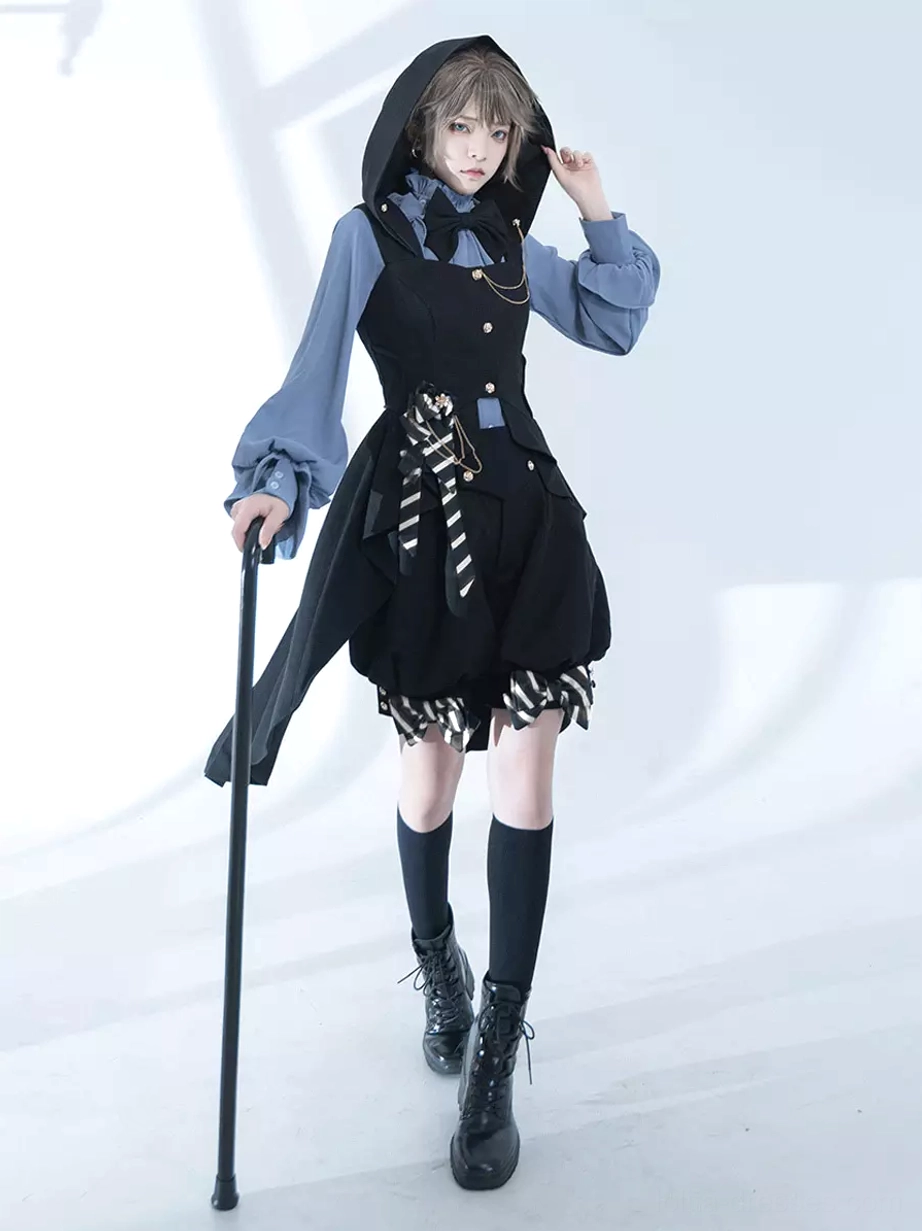 Three-quarter front view of hooded Ouji Lolita gothic waistcoat suit with long tailcoat and striped waist decoration