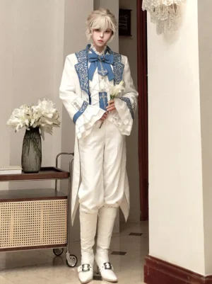 Ouji Lolita gothic prince white tailcoat ensemble full front view with blue embroidery and ruffled cuffs formal pose hallway setting