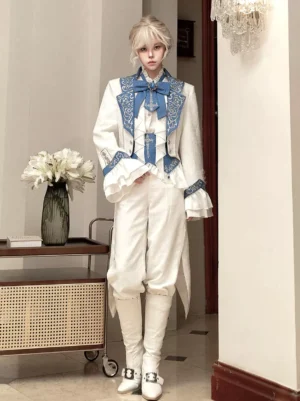 Ouji Lolita white gothic prince outfit three-quarter angle view hands folded formal stance with white boots silver buckles
