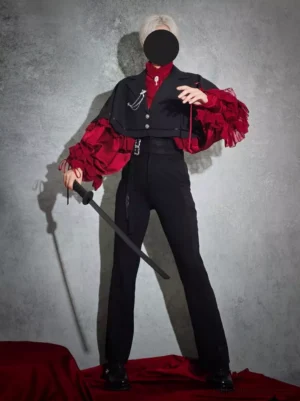 Ouji lolita gothic red black samurai ruffle blazer outfit front full-body view with silver hair model holding katana sword