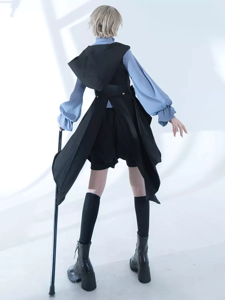 Full back view of Ouji Lolita gothic outfit with sleeveless black waistcoat short bottoms and long tailcoat design