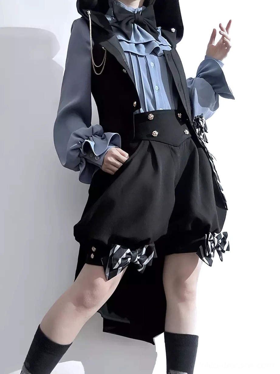 Ouji Lolita gothic black sleeveless waistcoat with metal buttons and ruffled blue shirt collar detail front view