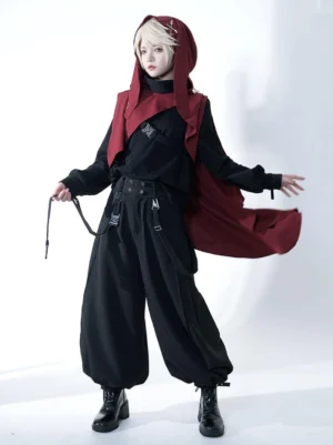 Black cargo harem lolita trousers with high-neck harness top dynamic movement view showing fabric flow and cuff details