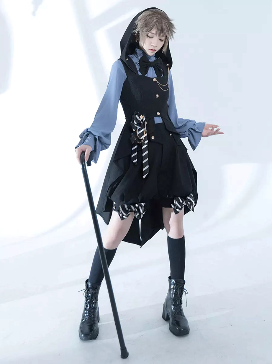 Side-front full view of hooded Ouji Lolita waistcoat set with bishop sleeves and striped waist bow detail