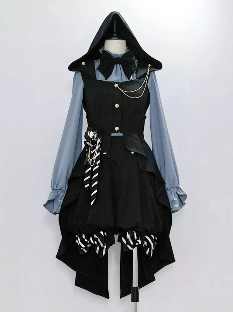 Studio mannequin display of hooded Ouji Lolita waistcoat with metal chain decoration and striped bow embellishments