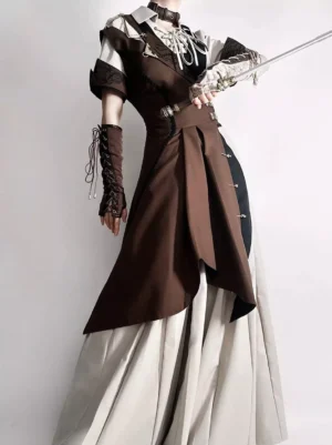 Ouji lolita knight asymmetric coffee brown coat set full body left profile view model holding rapier medieval-inspired lace-up collar pleated pants