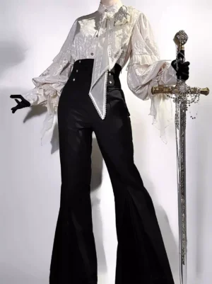 Ouji lolita knight vintage two-piece set full front three-quarter view with ivory ruffled blouse, black flared pants, ascot neck scarf, and decorative sword prop
