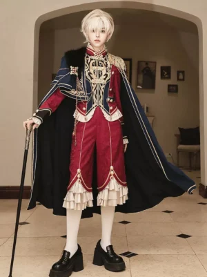 Ouji Lolita knight commander ensemble full front view wine red cape navy details gold embroidery male cosplay model vintage indoor setting