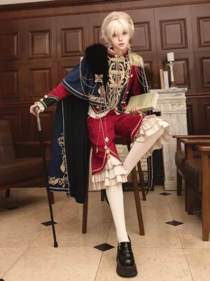 Ouji Lolita knight outfit side sitting pose with walking cane study interior gold embroidered military top ruffled shorts detail