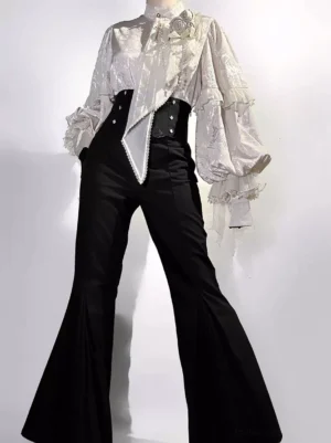 Classic ouji lolita vintage knight set straight full front with high-waisted corset belt, layered bishop sleeves, and ornate ascot neck scarf detail