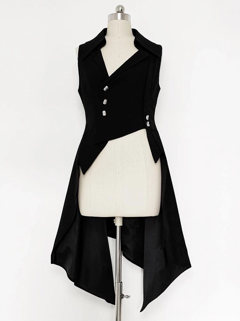 Asymmetrical Ouji lolita tailcoat waistcoat coat front display mannequin black polyester fabric notched lapel silver decorative buttons asymmetric hem closeup