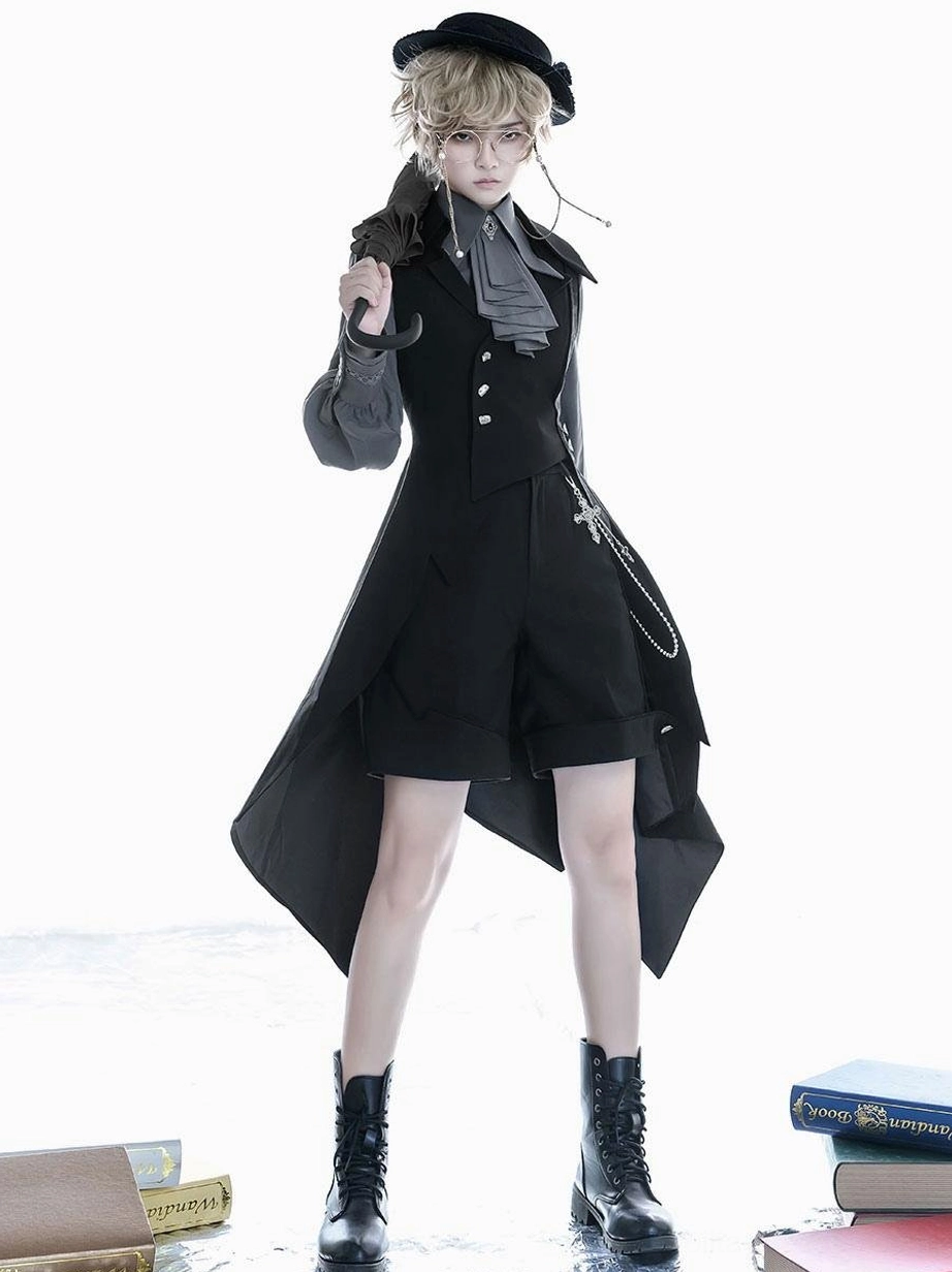 Ouji style lolita overcoat front three-quarter standing view round glasses ascot neckwear buttoned waistcoat details folded umbrella prop