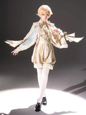 Complete Ouji Lolita three-piece outfit displayed on model wearing white tights and black loafers, showcasing short bloomer length and sleeve ribbon details