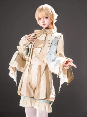 Ouji Lolita prince set featuring beige blouse with ruffled cuffs, light blue irregular hem vest with bow tie, and striped bloomers on blonde model in studio