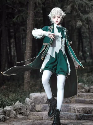 Green ouji lolita prince outfit dynamic front view fluttering cape matching shorts black ankle boots forest setting theatrical movement