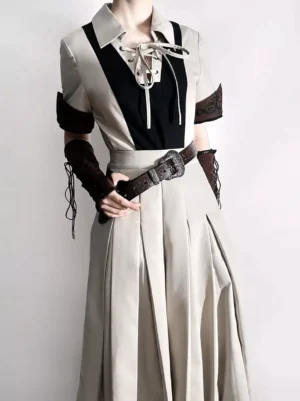 Ouji lolita three-piece set front view model posing hands on hips brown coat white shirt black contrast panel leather belt arm guards lace details