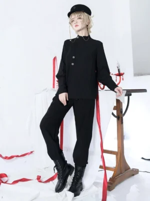 Three-quarter side view of Gothic Ouji Lolita straight trousers showcasing the tapered high-waisted design and refined leg line