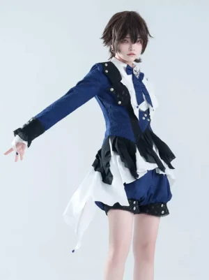 Ouji Lolita tailored overcoat and dress set side three-quarter view showing asymmetrical layered hemlines and studded cuffs detail