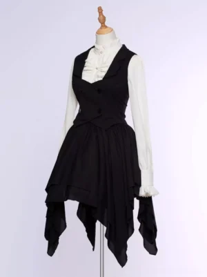 Three-quarter angle view of Ouji Lolita outfit display showing fitted waist silhouette ruffled blouse cuffs long sleeves and structured black waistcoat