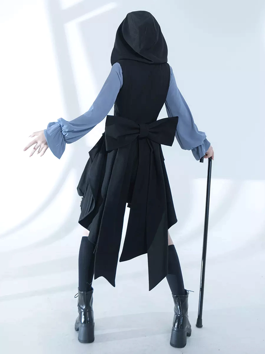 Back view of Ouji Lolita waistcoat set showcasing large decorative back bow high-low tailcoat and blue bishop sleeves