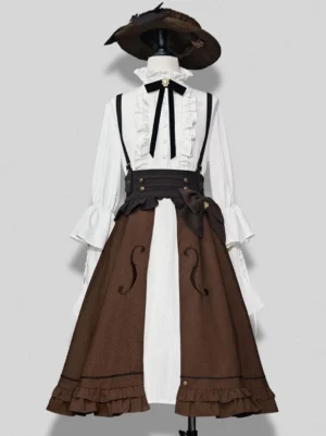 Ouji Lolita white ruffled blouse with long sleeves layered over violin pattern brown skirt and wide waistband bow coordination