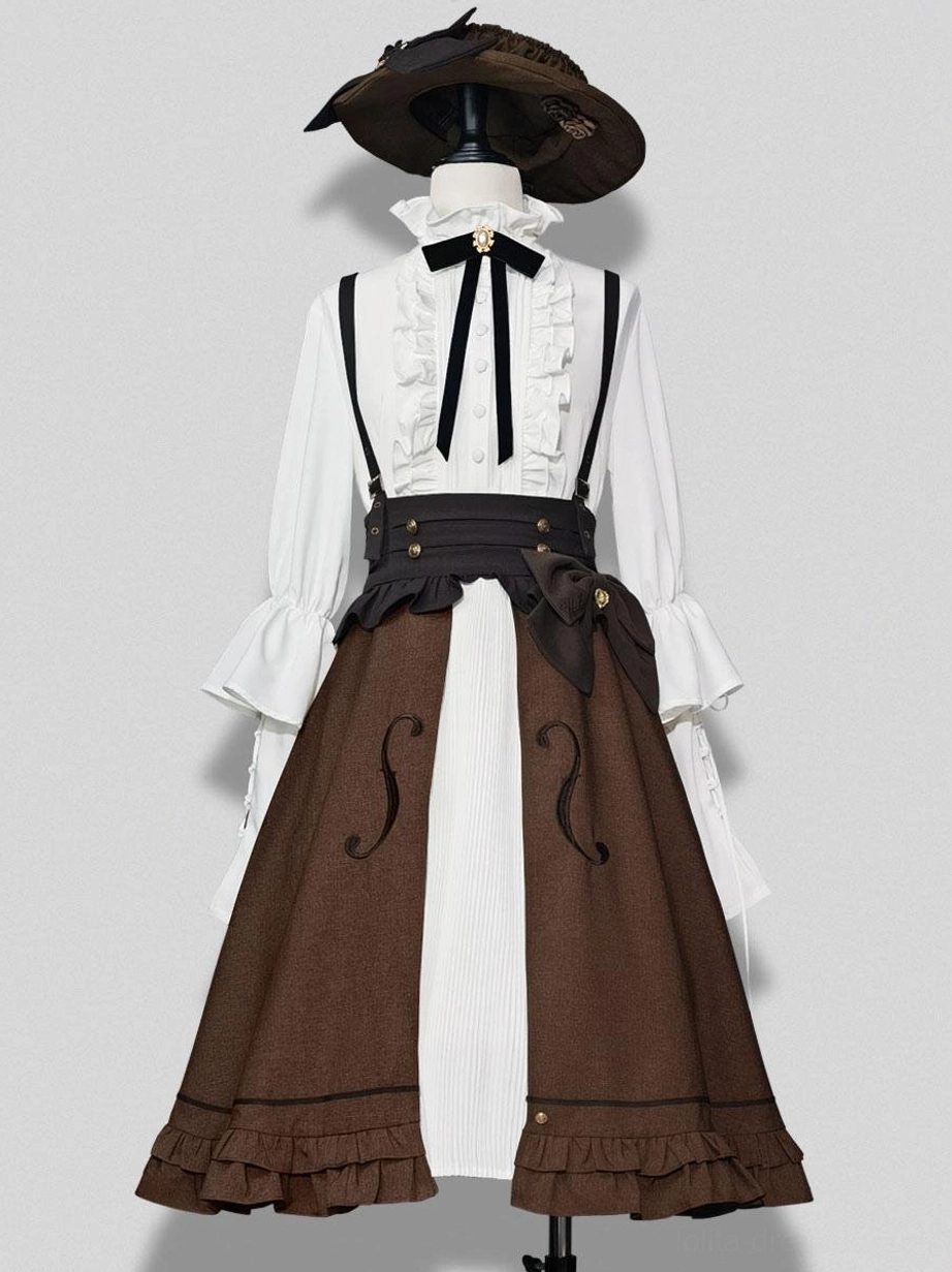 Ouji Lolita white ruffled blouse with long sleeves layered over violin pattern brown skirt and wide waistband bow coordination