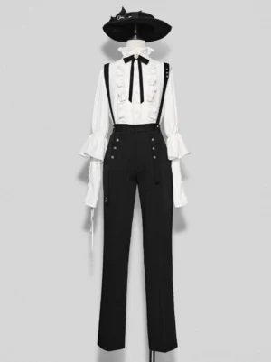 White Ouji Lolita ruffled blouse with stand collar and bow details paired with black suspender trousers and vintage top hat front view