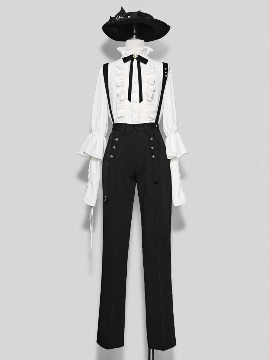 White Ouji Lolita ruffled blouse with stand collar and bow details paired with black suspender trousers and vintage top hat front view