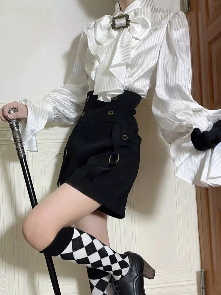 Prince ouji lolita shorts side view with checkered socks wooden cane, high-waist tailored design long flared puff sleeves