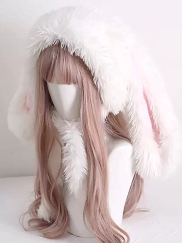 Sweet lolita rabbit ear hat accessory featuring oversized fluffy white plush ears, pink inner lining, and full-coverage fur trim scarf right three-quarter angle view
