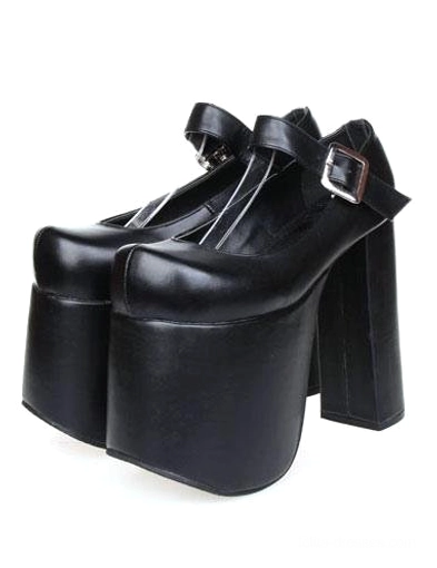Paired black platform Mary Jane lolita heels side three-quarter view leather thick platform sole front ankle strap buckle