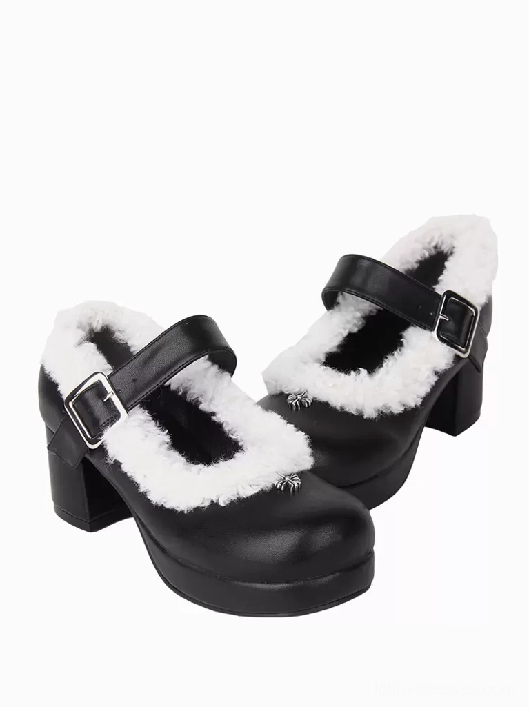 Paired Gothic Lolita platform pumps front three-quarter alternate angle displaying thick platform block heel, white fuzzy collar accent, and classic Mary Jane strap design