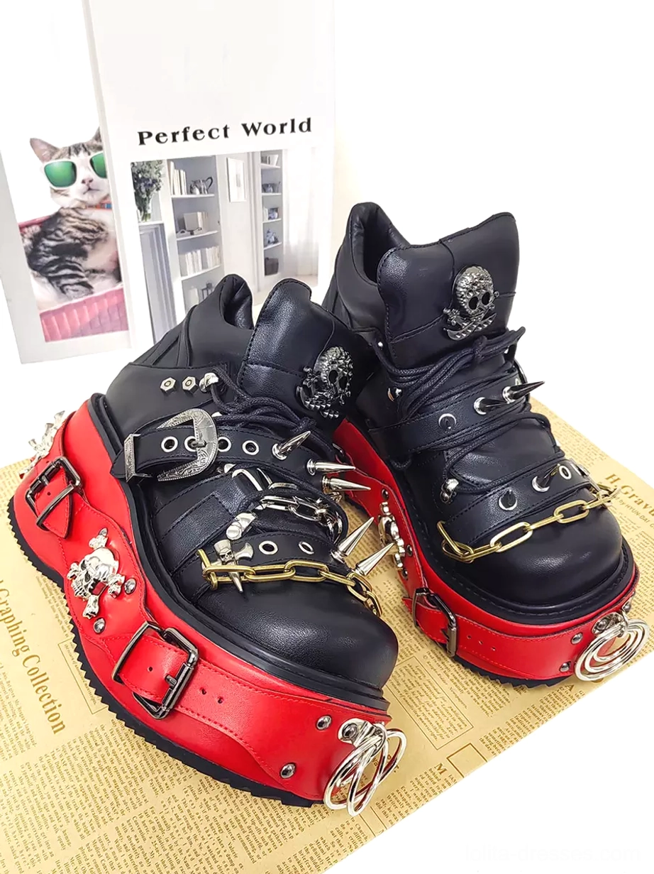 Paired punk gothic platform lolita boots flat lay display with cat-themed poster props vintage newspaper background alternative fashion styling