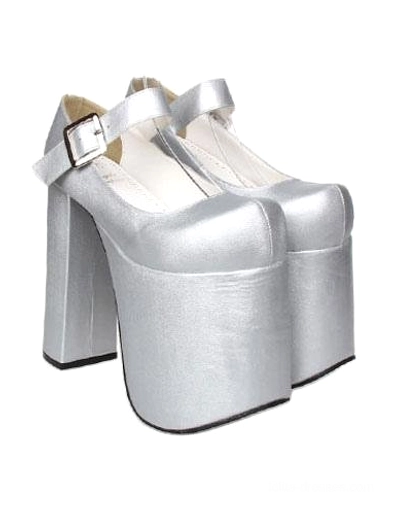 Paired silver platform Mary Jane lolita heels side view metallic leather chunky block heel adjustable metal buckle strap