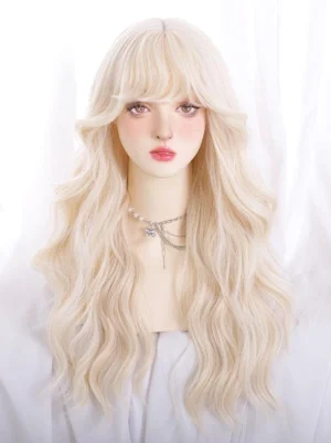 Pale platinum blonde long wavy Lolita wig with natural air bangs worn on mannequin head, front view showing full facial framing and voluminous texture perfect for Sweet Lolita aesthetic