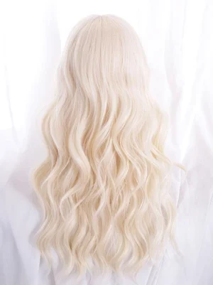 Back view of long wavy Lolita wig displaying thick voluminous blonde synthetic hair with loose water waves cascading down length, showcasing full hair density and texture