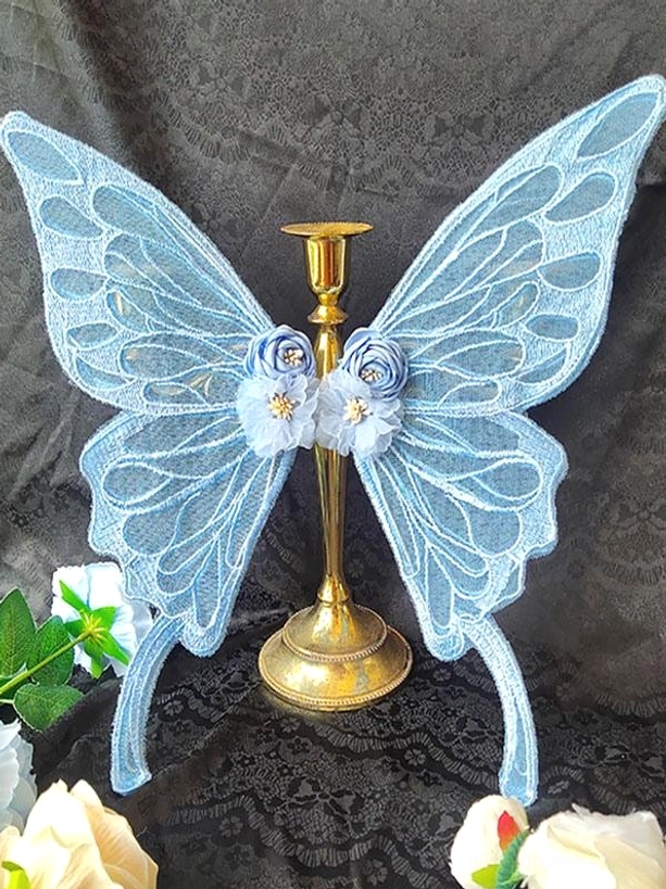 Pale blue sheer embroidered lace butterfly hair accessory with blue-white flower decoration and light blue velvet tail bands - dreamy pastel lolita headpiece
