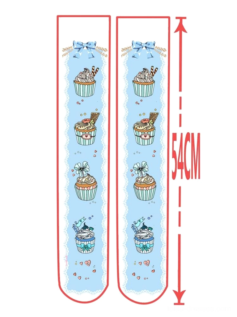 Pastel blue cupcake Lolita socks product specification flat lay showing 54cm length top bowknot light blue design