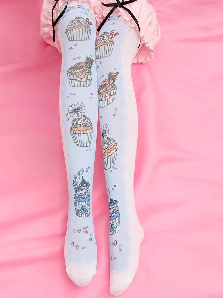 Pastel blue velvet printed Lolita thigh high socks with cupcake dessert theme worn with pink frilled skirt overhead