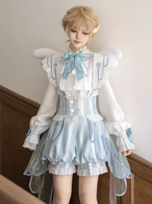 Pastel blue ouji lolita angel wing corset two-piece set front full-body view with striped skirt and contrasting blue bow accent on stand collar