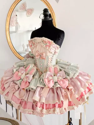 Pastel green sweet lolita bunny ear fairy dress with multi-layer ruffles and satin bow front flat view on dress form